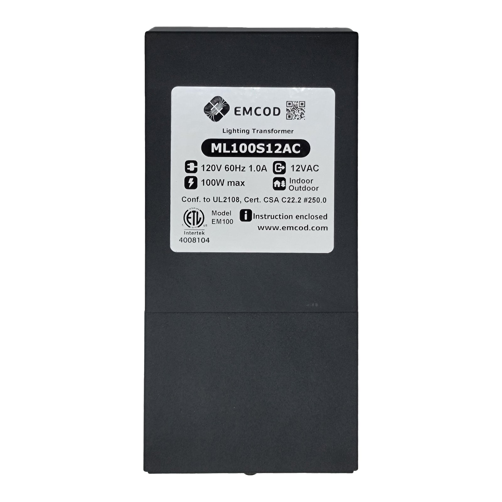 Emcod ML100S12AC 12VAC transformer 120VAC input 100 Watts max output